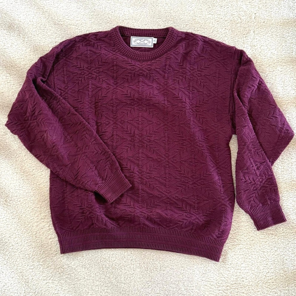 Vintage Granby Club Collection Mens Burgundy Cotton Textured Knit Sweater XL USA